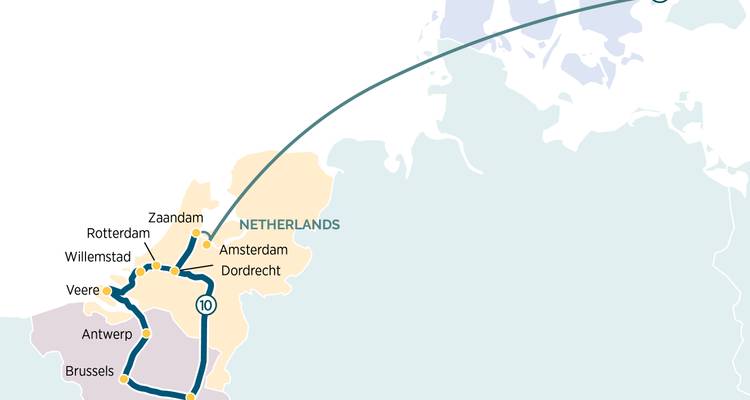Carte montrant les itinéraires de voyage en Belgique et aux Pays-Bas.