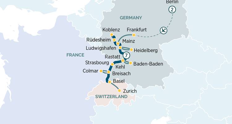 Carte montrant un itinéraire de voyage à travers les villes d'Allemagne et de Suisse.
