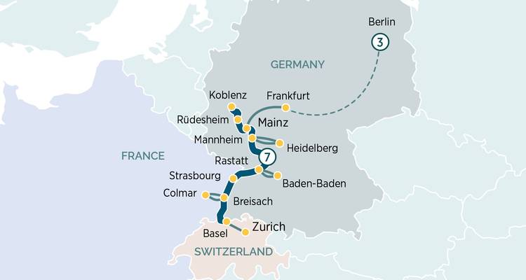 Carte étendue de croisière sur le Rhin et la Moselle incluant l'arrivée à Berlin et l'extension suisse.