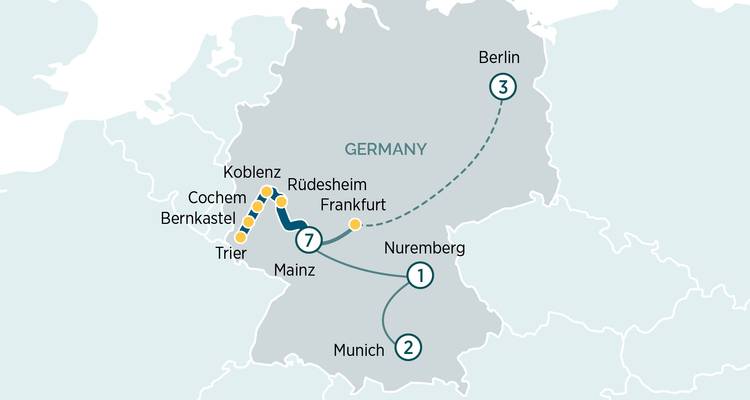 Carte fluviale allemande similaire montrant Berlin comme porte d'entrée vers les villes du Rhin et de la Moselle.
