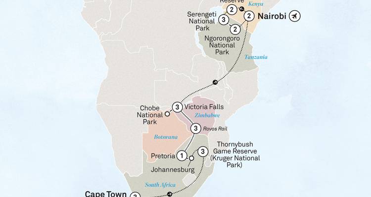 Map showing a travel route through parts of Africa.