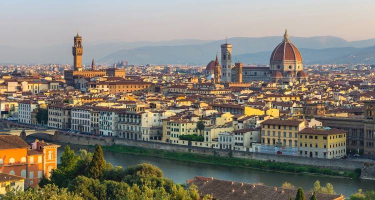 Ein umfassendes Panorama von Florenz mit dem Duomo und mittelalterlichen Türmen, die sich über terrakottafarbenen Dächern erheben.