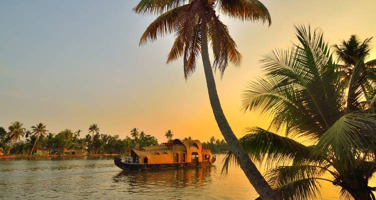 Une péniche traditionnelle glisse le long des backwaters bordés de palmiers sous un ciel en soirée chaleureux.