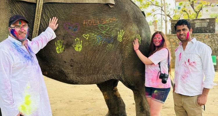 Des gens célébrant Holi en peignant un éléphant.