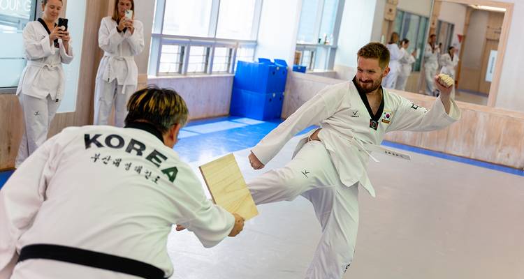Un cours de taekwondo avec une personne qui casse une planche de bois.