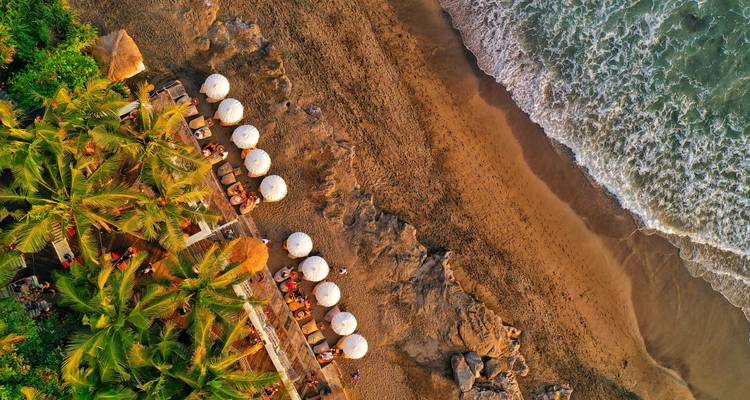 Vista aérea de una playa con palmeras y sombrillas.