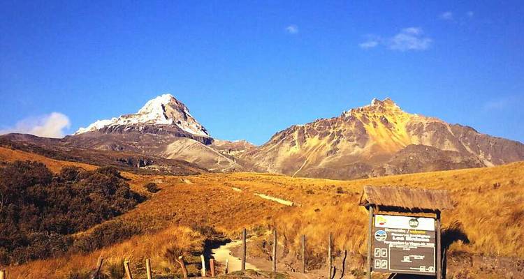 Picos gemelos coronados de nieve que se elevan sobre pastizales dorados con un cielo azul despejado