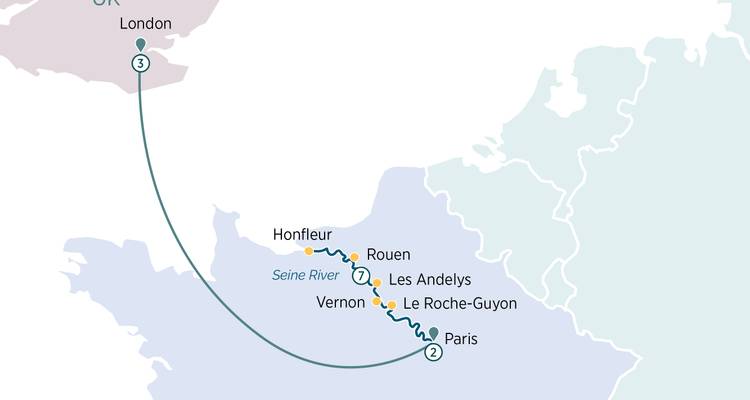 Carte d'un itinéraire de voyage à travers une partie de la France et du Royaume-Uni.