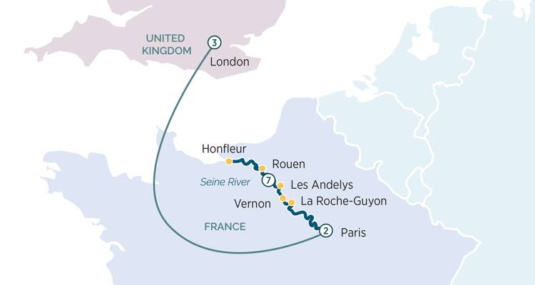 Carte de croisière fluviale incluant la boucle Paris-Honfleur et l'extension Londres le long de la Seine.