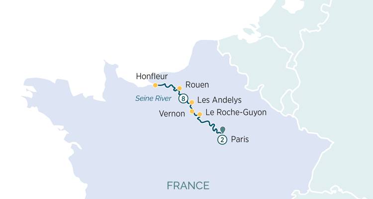 Karte mit einer Route durch verschiedene Orte in Frankreich.