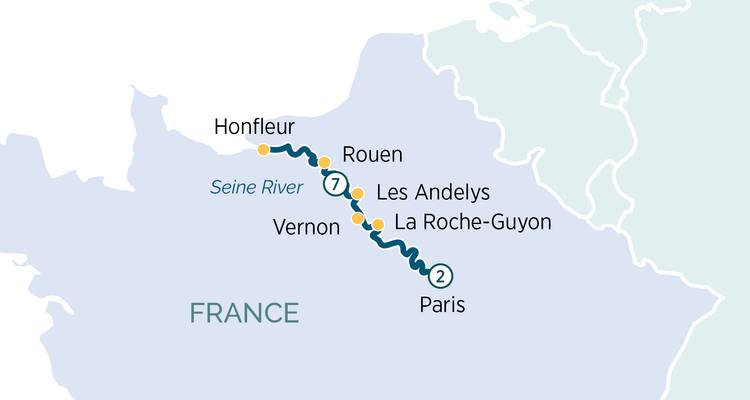 Mapa del itinerario de crucero desde París por el Sena hasta Honfleur incluyendo Vernon y Ruan