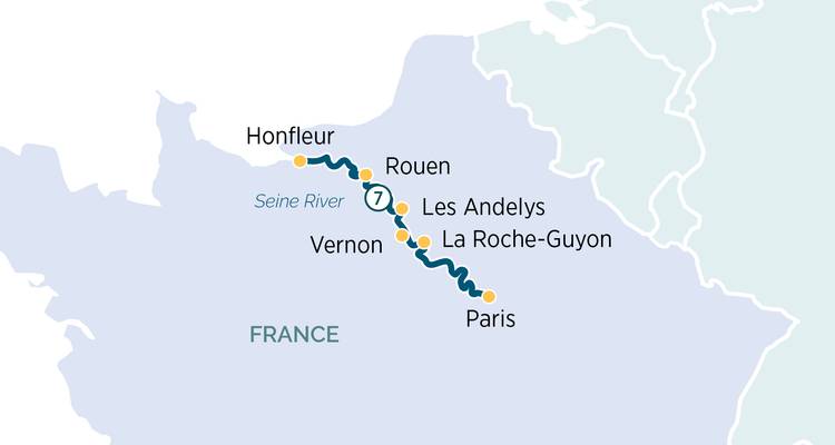 Carte de croisière sur la Seine de Paris à Honfleur avec arrêts à Rouen et Vernon