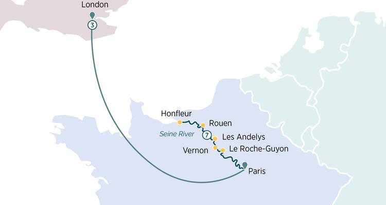Map showing travel itinerary between London and Paris.