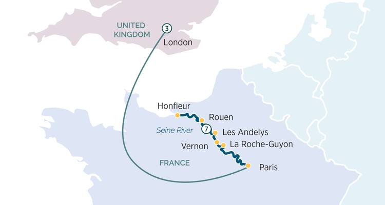 Carte combinée de croisière Londres et Seine montrant la liaison ferroviaire vers la France et l'itinéraire fluvial vers Honfleur