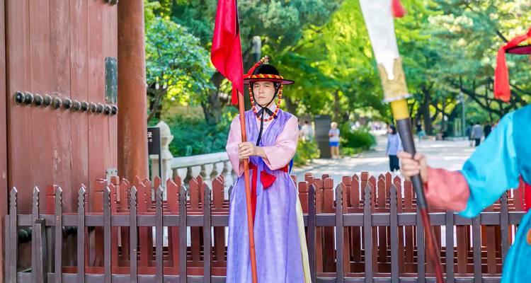 Guardia tradicional coreano en atuendo ceremonial en posición de firmes.