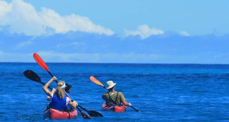 Groupe de kayakeurs pagayant dans l'océan.