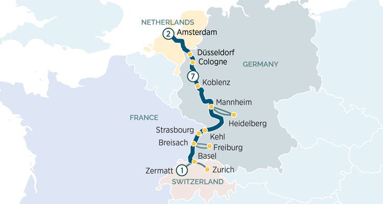 Map tracing Amsterdam to Zurich cruise through Cologne, Koblenz and Basel