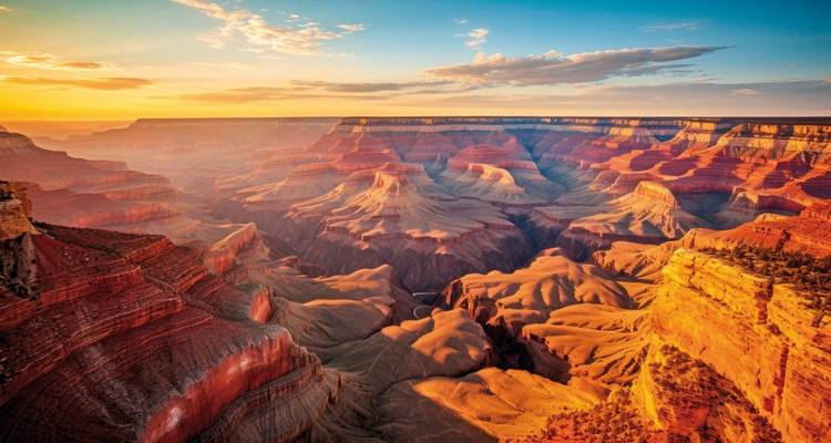 Panoramic view of the Grand Canyon with a stunning sunset.