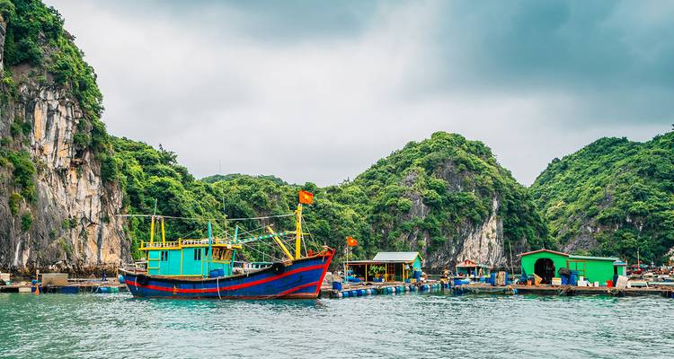 Kleurrijke vissersboten afgemeerd langs de schilderachtige kust.