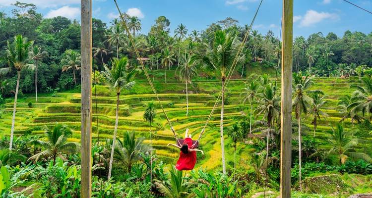 Femme en robe rouge profitant d'une balançoire haute au-dessus de rizières en terrasses d'un vert éclatant et de palmiers.