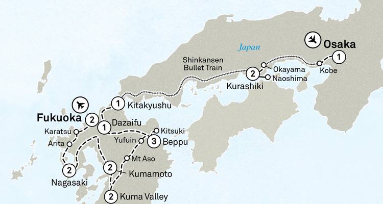 Carte montrant les itinéraires de voyage au Japon avec les villes mises en évidence.