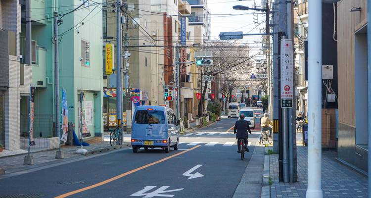 Eine Straßenszene mit Fahrzeugen und Fahrrädern unter klarem Himmel.