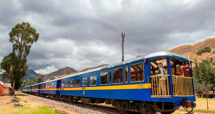 Tren detenido en las vías con turistas disfrutando de la vista.