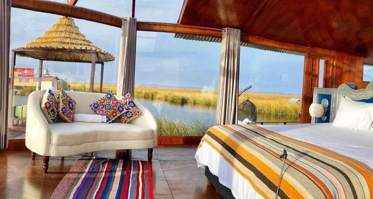 Bright room with lake views and unique decor.