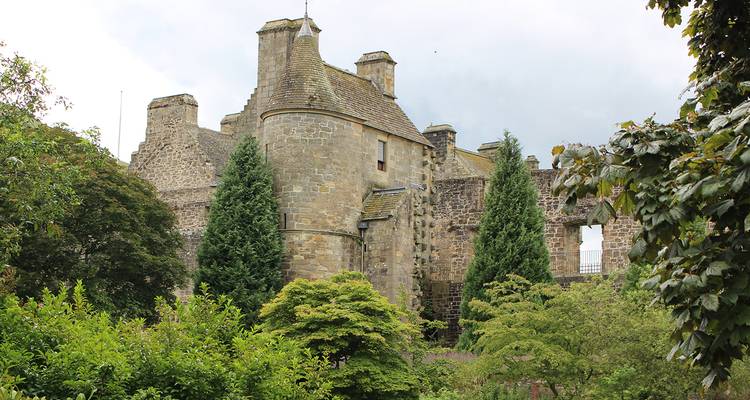 Vieux château de pierre entouré d'arbres et de verdure.