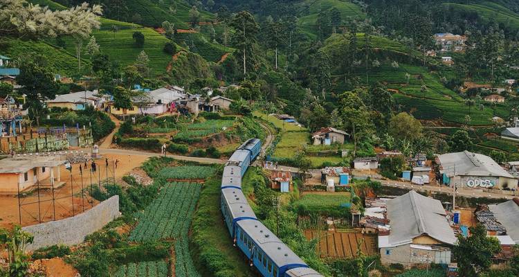 Een trein die door een schilderachtig dorp met groene heuvels rijdt.