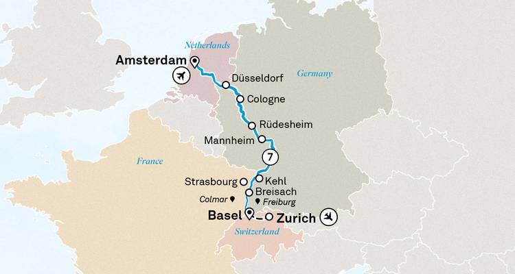 Une carte détaillée montrant un itinéraire de voyage à travers l'Allemagne, les Pays-Bas et la Suisse.