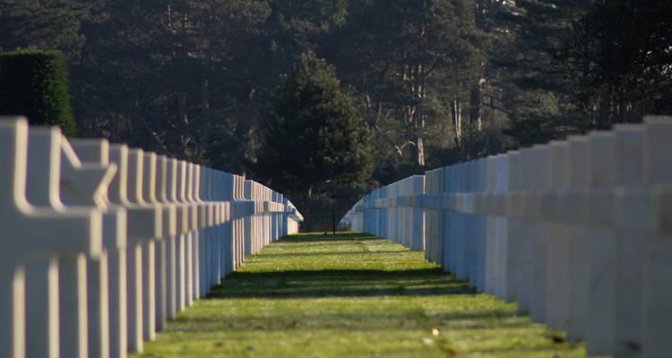 Vue symétrique de cimetière avec pierres tombales.