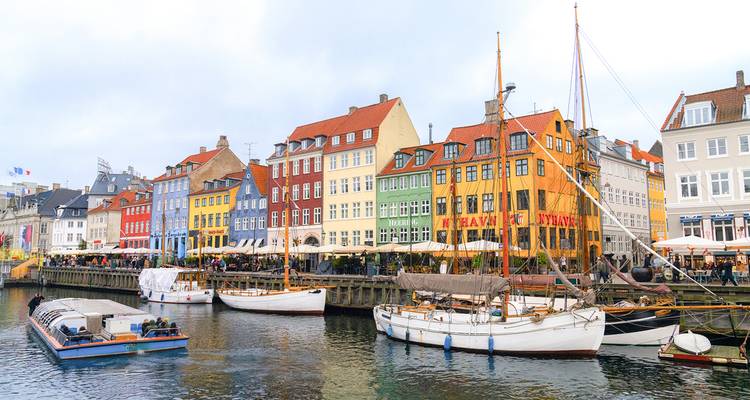 Colorful buildings and boats in Copenhagen's Nyhavn district.