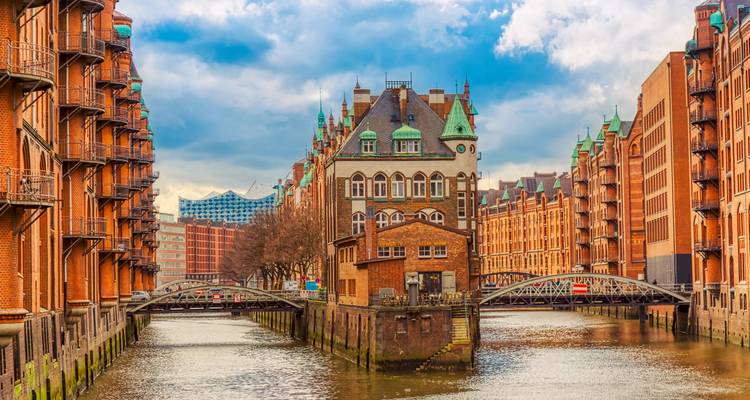Historic Speicherstadt district in Hamburg with distinctive brick architecture.