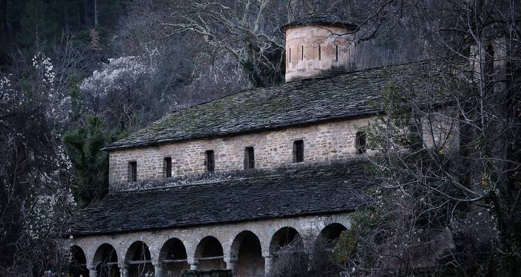 Un bâtiment en pierre patiné avec des fenêtres cintrées entouré d'arbres.