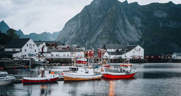 Boats docked in a harbor with mountains.
