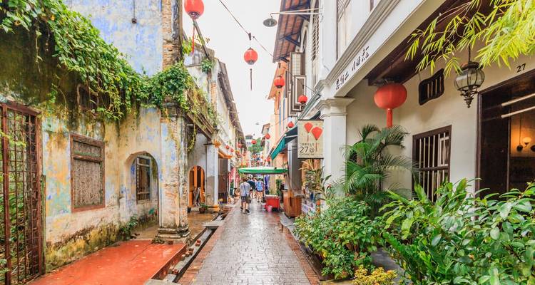 Encantador callejón patrimonial iluminado con faroles en Malaca con vegetación y turistas paseando.