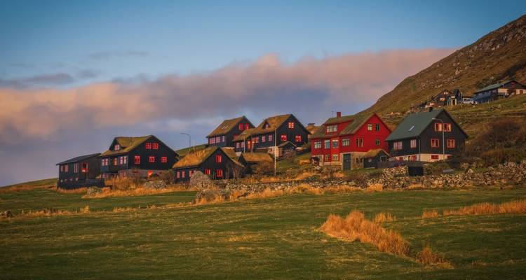 Maisons avec des toits d'herbe dans un cadre rural pittoresque.