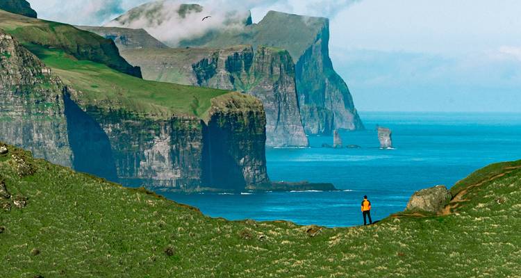 Personne debout sur une colline surplombant des falaises spectaculaires et l'océan.