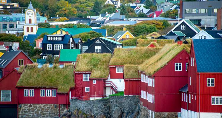 Des bâtiments colorés avec des toits de gazon dans un village pittoresque.