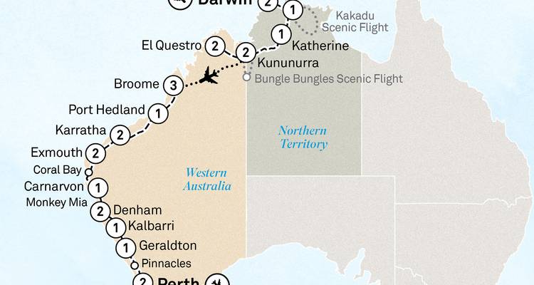 Map of a travel route through parts of Australia.