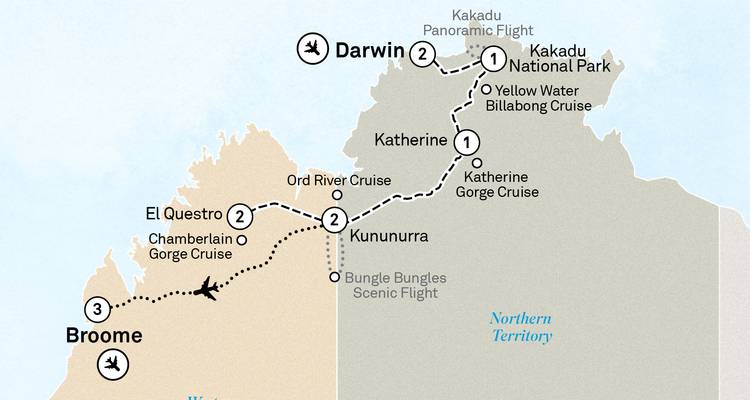 Une carte montrant un itinéraire de voyage impliquant diverses villes d'Australie.