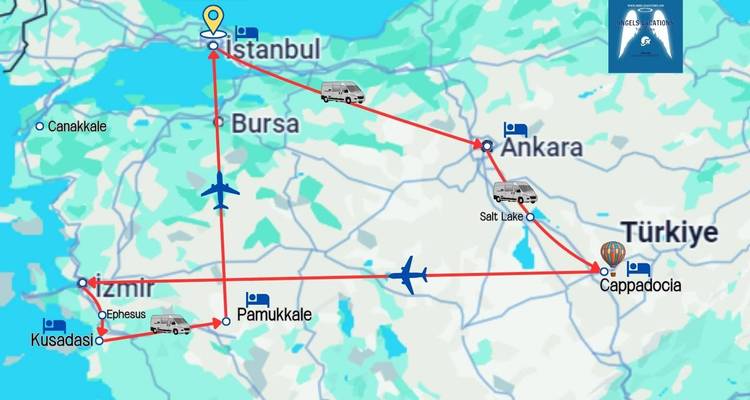 Map showing a travel itinerary through Turkey including various cities and transportation modes.
