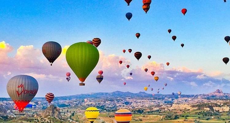 Colorful hot air balloons in the sky over Cappadocia.
