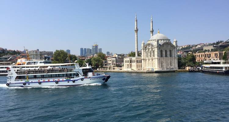 View of the Ortaköy Mosque by the water in Istanbul.