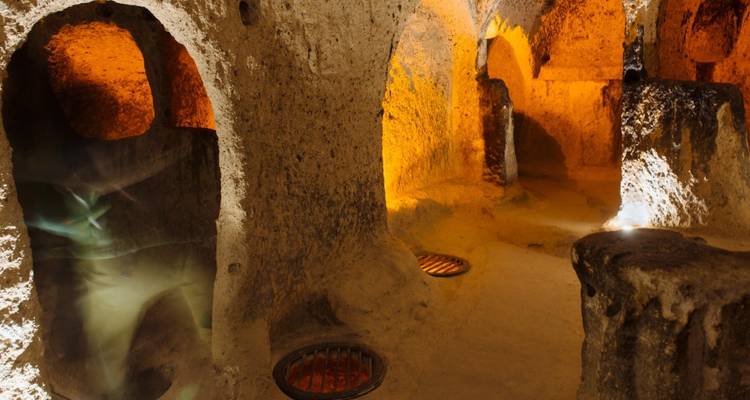 Inside view of a historic underground city in Cappadocia.