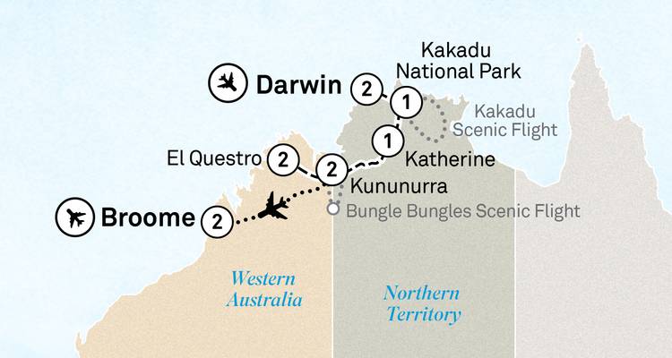 Carte montrant l'itinéraire de voyage entre diverses destinations australiennes.