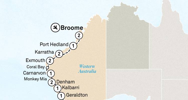 Map showing travel route along the western coast of Australia.