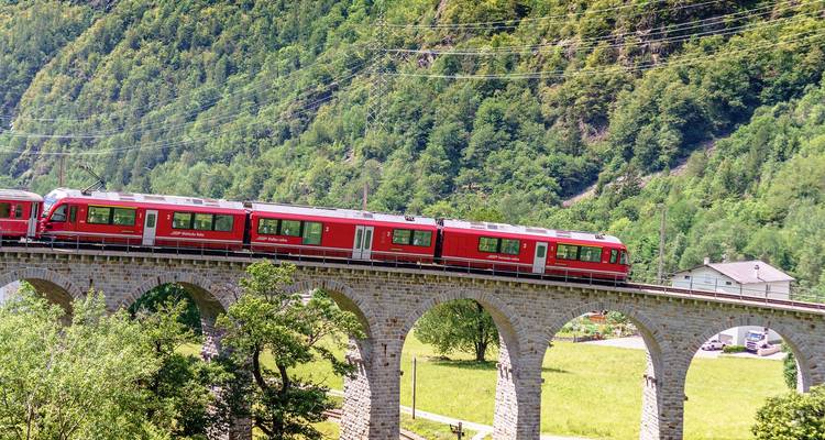Train rouge traversant un pont de pierre avec une végétation luxuriante.