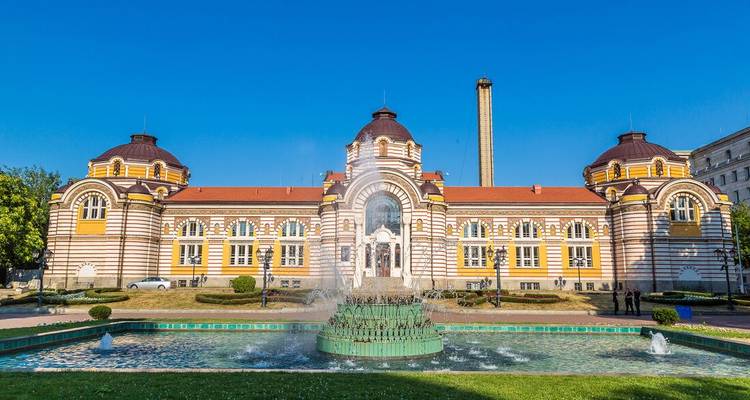 Ornate building with stripes, domes, and a fountain.